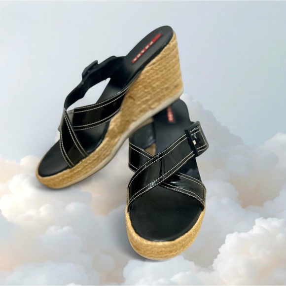 Prada Black and Tan Wedge Sandals - Picture 1 of 7